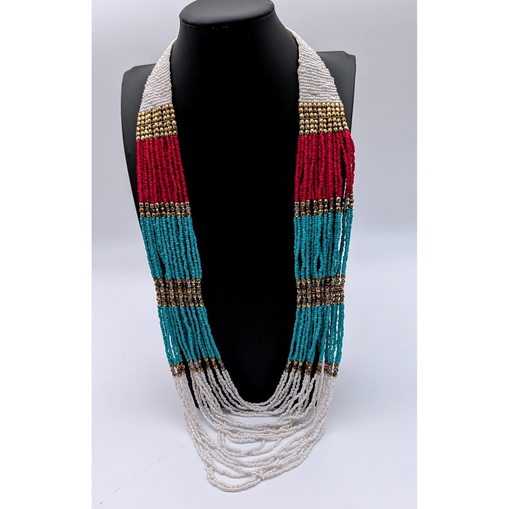 Mabel Multi Strand Seed Bead Statement Necklace Boho Magenta Turquoise Gold